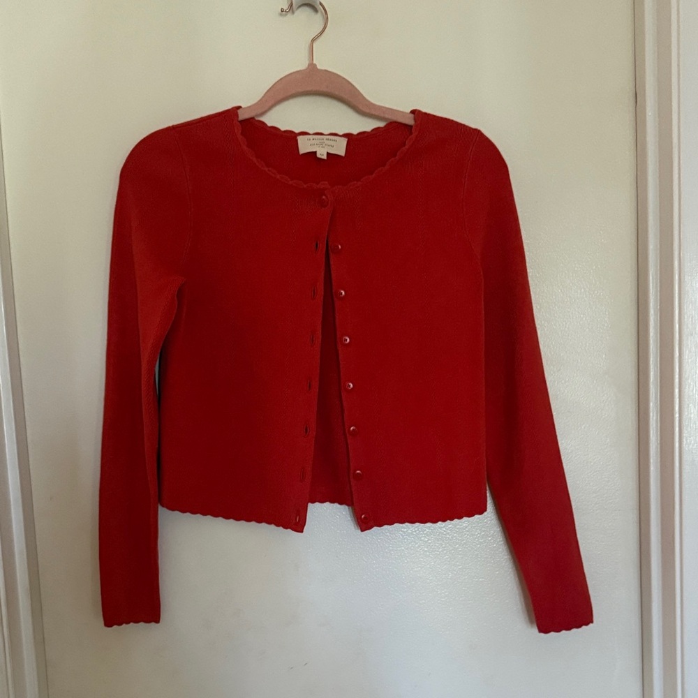 Sézane Red Button-Front Scallop-Edge Cardigan